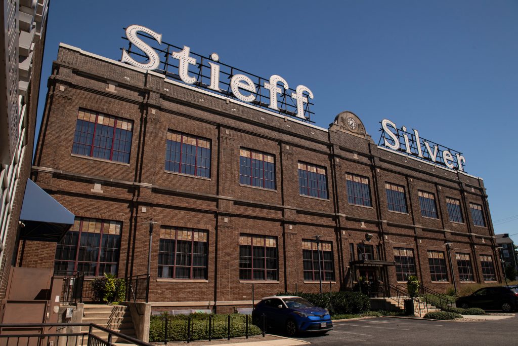 The Stieff building is pictured from the parking lot on a clear day.