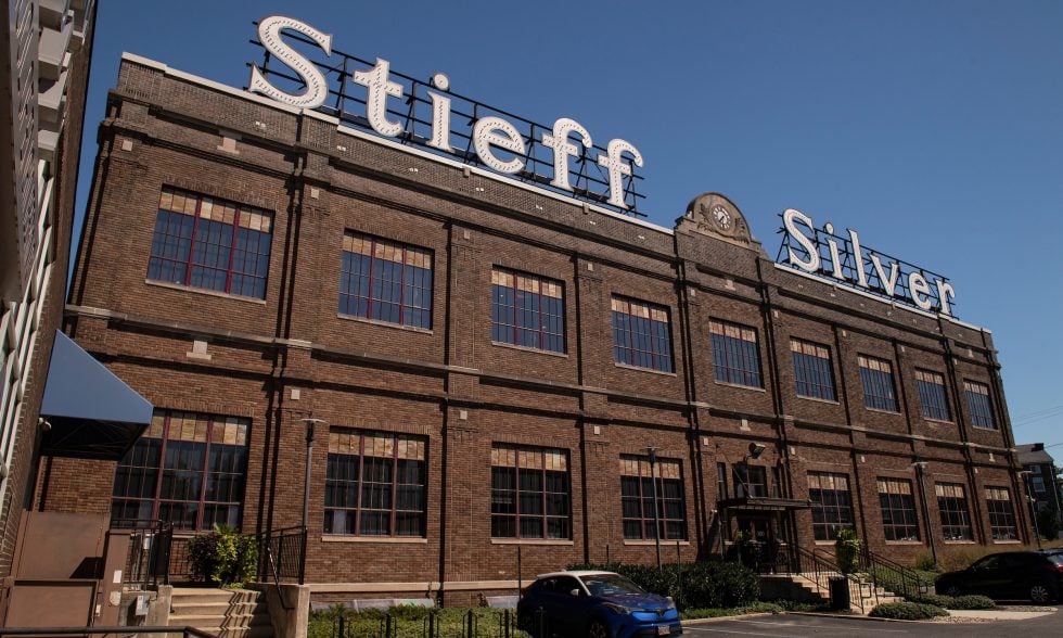 The Stieff building is pictured from the parking lot on a clear day.
