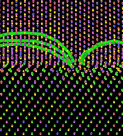 Colorful dots in a pattern on a black background.