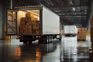 Warehouse loading dock with trucks and stacked boxes prepared for shipment