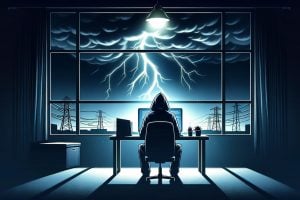 Illustration of a hacker during an extreme weather event.