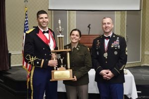 A photo of Jenna Halpin receiving the Pallas Athene Award.