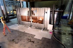 A photo of the live fire testing performed by NIST used to validate the team's numerical models of performance-based fire design.