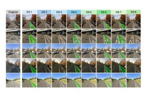 A chart of existing bicycle infrastructure designs from Google maps with new infrastructure designs developed by the team's new AI model.