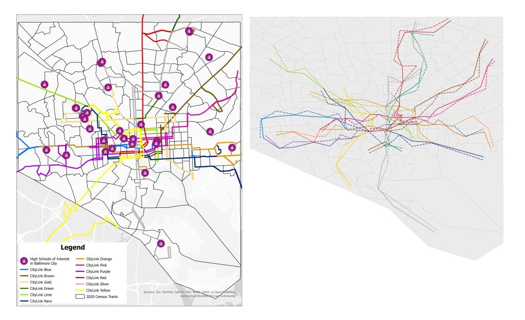 On the left is a map of current bus routes, census tracts, and high schools in Baltimore City and on the right is an overlay of current and optimized bus routes.