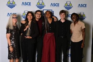 A group photo of Johns Hopkins Sustainable Solutions team members with American Society of Civil Engineers president, Marsha Anderson Bomar, at the championship competition.