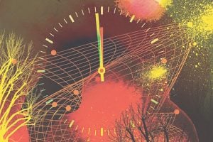 Abstract digital artwork featuring the silhouette of bare tree branches overlaid with a clock face and glowing orange and yellow background.
