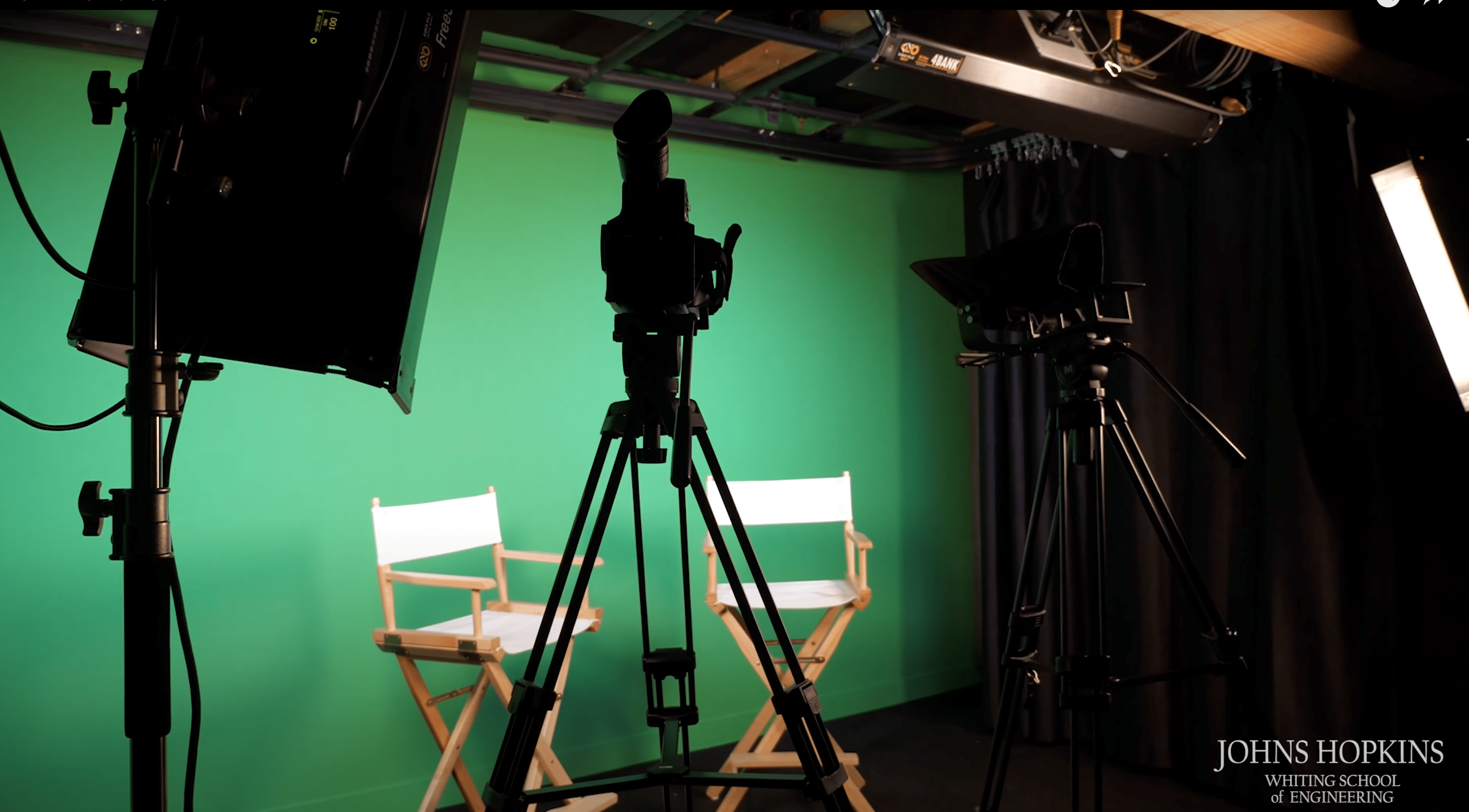 JHU WSE production studio with greenscreen and director chairs