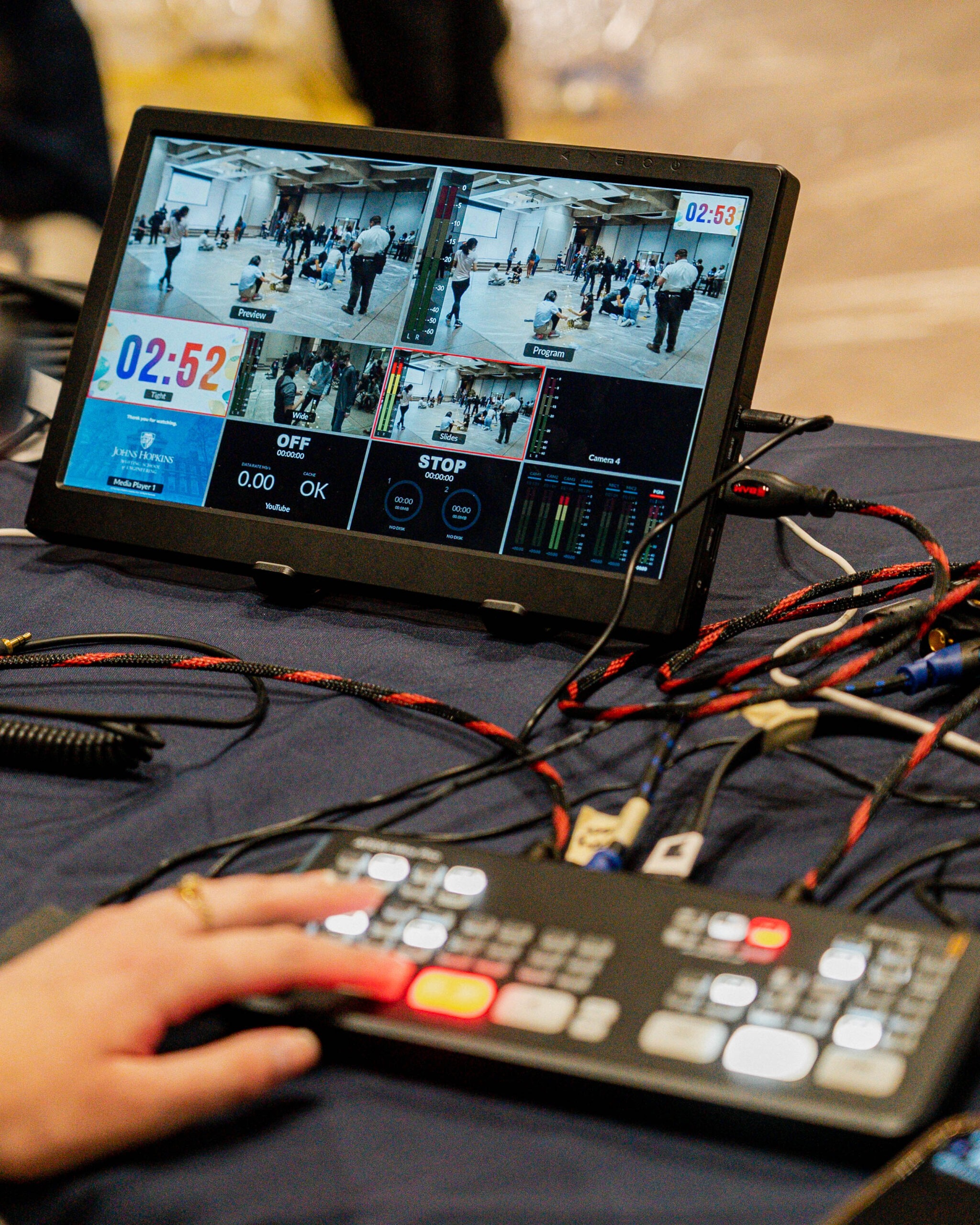 Behind the scenes with CLDT multimedia at a virtual live event on the Johns Hopkins campus. 
