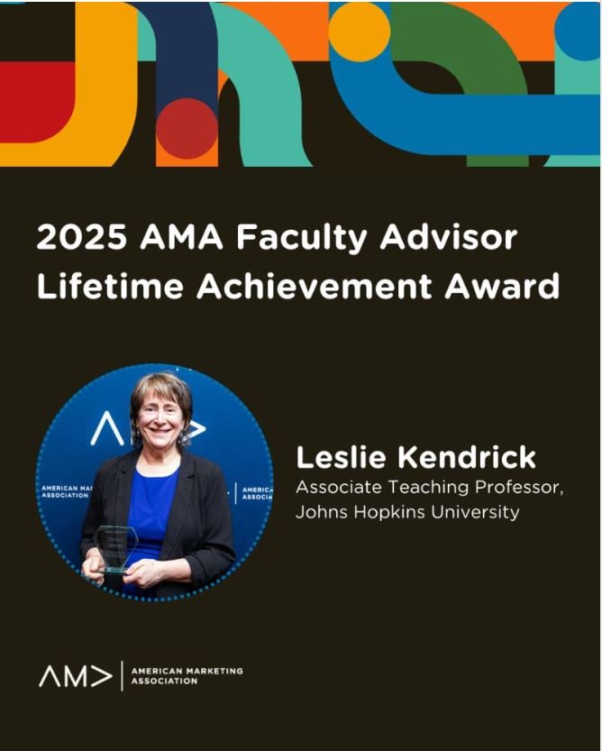 Awards announcement for the 2025 AMA Faculty Advisor Lifetime Achievement Award, featuring Leslie Kendrick.