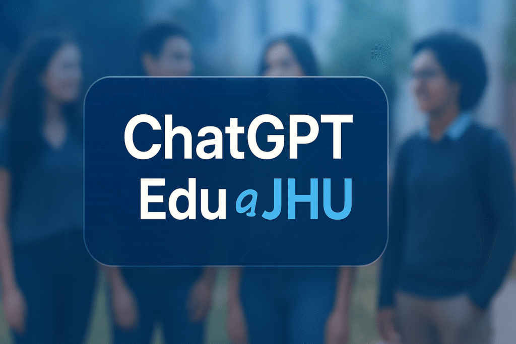 Thumbnail image announcing ChatGPT Edu availability at JHU. It's text "ChatGPT Edu at JHU" overlaid on a blurred background of students and faculty talking on a campus.
