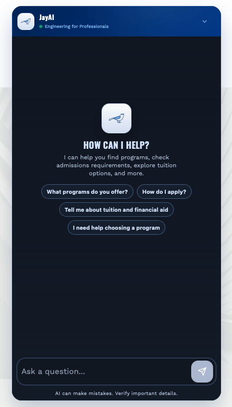 Screenshot of the JayAI chat widget on the Engineering for Professionals website