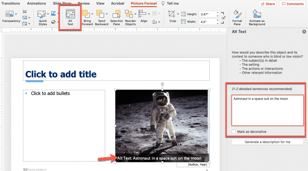 A PowerPoint interface screenshot showing the 'Alt Text' pane. The slide contains an image of an astronaut standing on the surface of the moon. The Alt Text pane is highlighted in red, displaying the text input field containing 'Astronaut in a space suit on the moon,' with the 'Mark as decorative' checkbox below it.