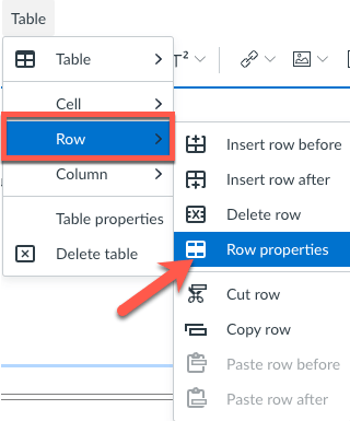 screenshot of Table menu with Row highlighted and Row menu with Row Properties highlighted.