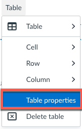 screesnhot of table menu with Table properties highlighted