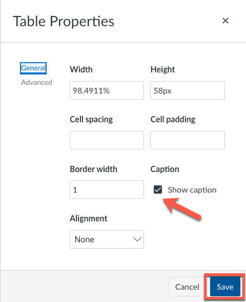screenshot of Table Properties with Show Caption checked and the Save button highlighted