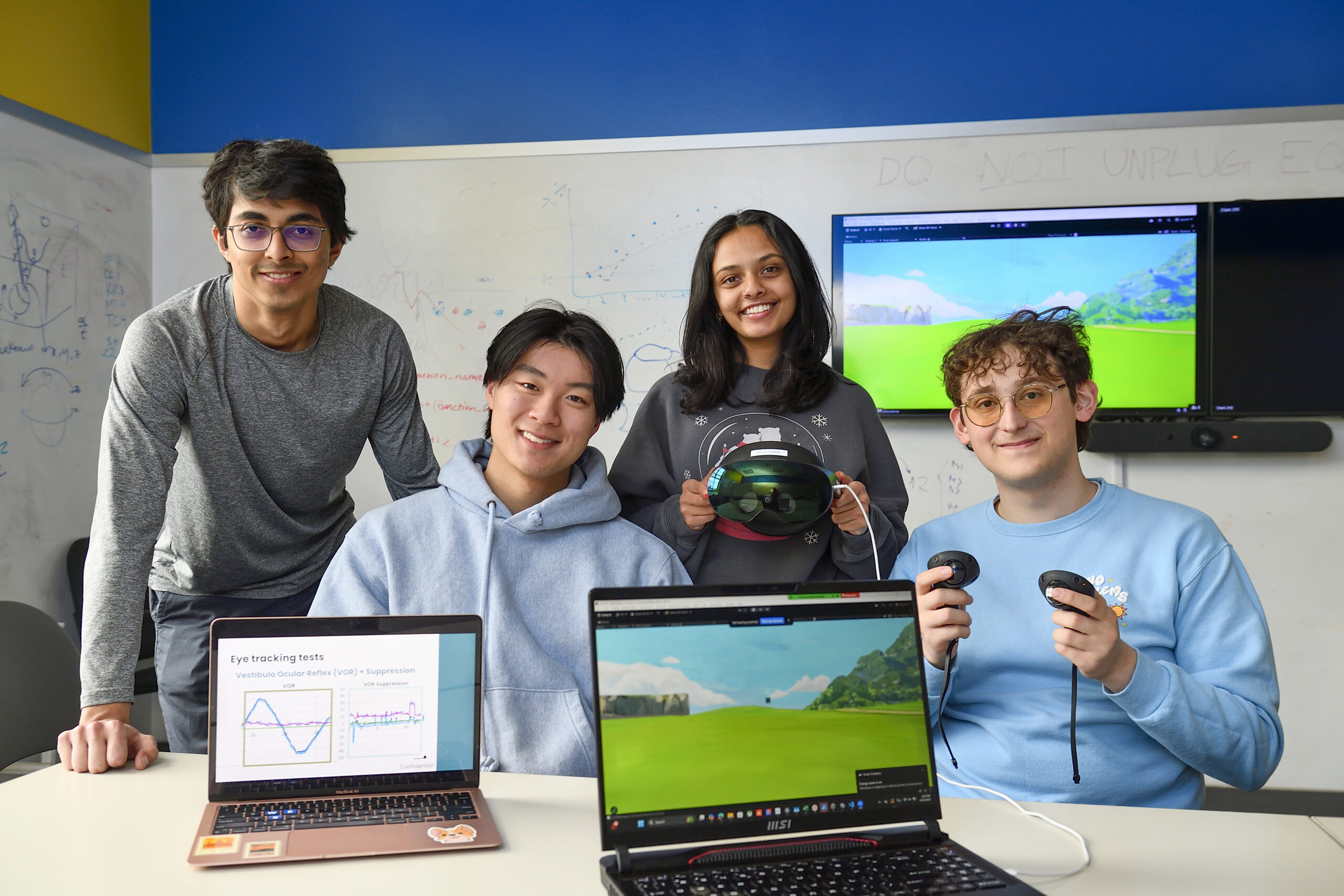 Left to right Team members Divyansh (Dev) Lalwani, Edmund Tsou, Shalika Subramanian, and Arya Kazemnia with their prototype