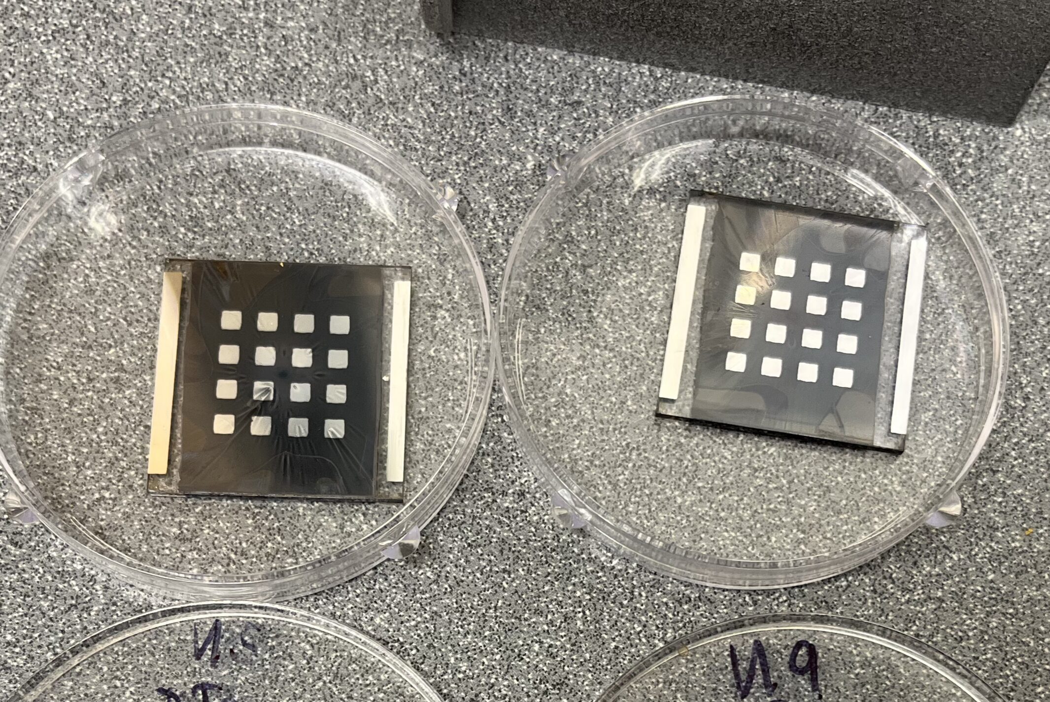 Two small solar cells with sixteen pixels each sitting in petri dishes.