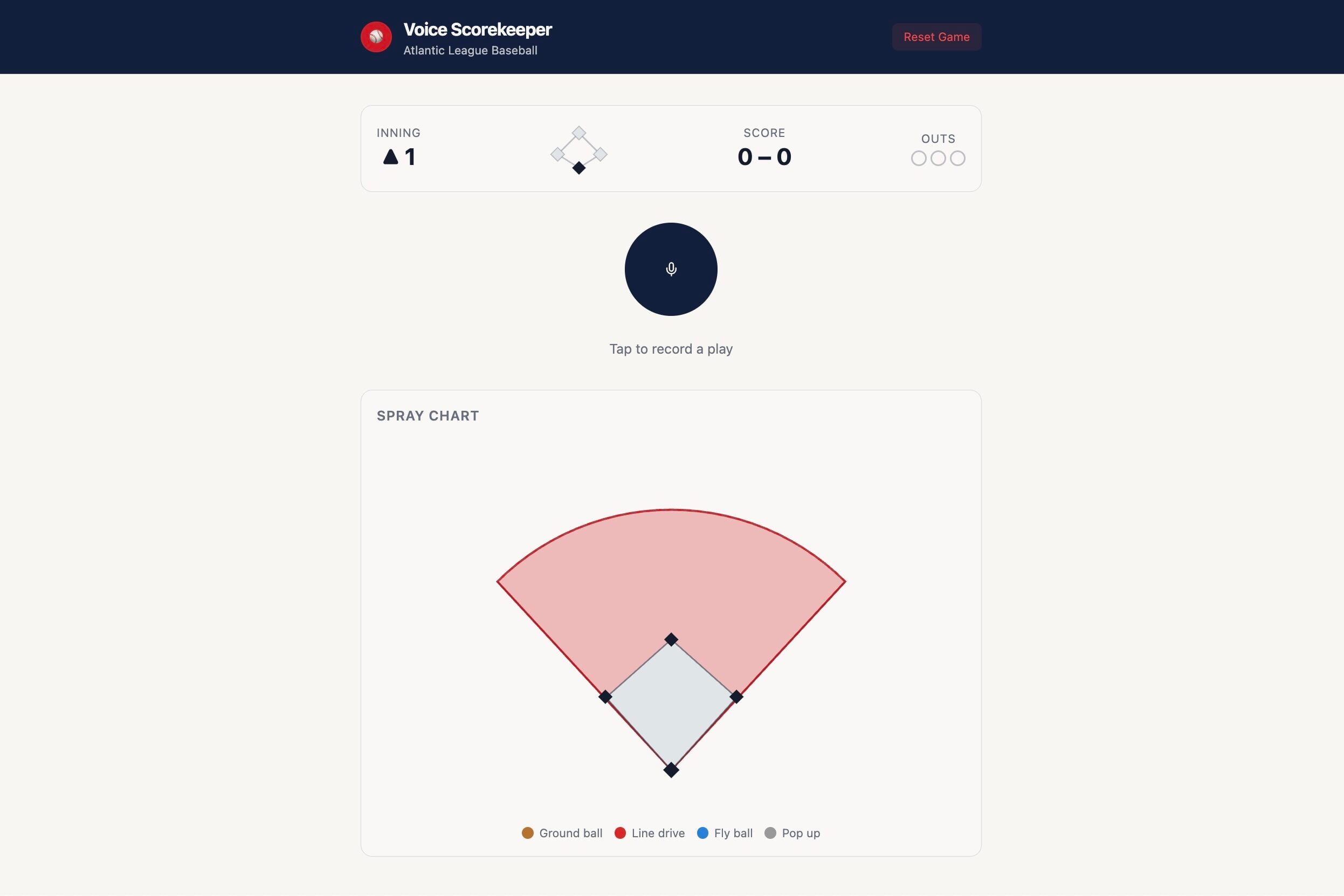 Voice-Controlled Scorekeeping app interface displaying a live baseball scoreboard and spray chart diagram.
