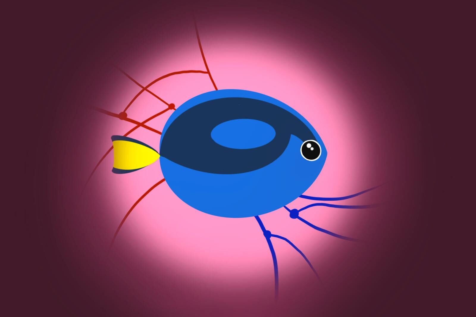 Illustration of a blue tang fish with a bright blue body, yellow tail, and cartoon eye, centered on a soft pink radial background. Red branching arteries extend from the top and side of the fish, and dark blue veins extend from the bottom, evoking cerebral vasculature.