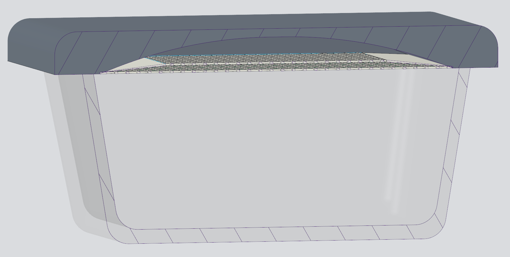 Diagram of Crisp Box. Outer lid is curved to allow water to collect in the reservoir. Inner lid has polypropylene guard plates and an ePE membrane. The body and lid is tritan copolyester. The inner lid has a 12-15 degree curvature with a 6in x 6 in x 3in container design,