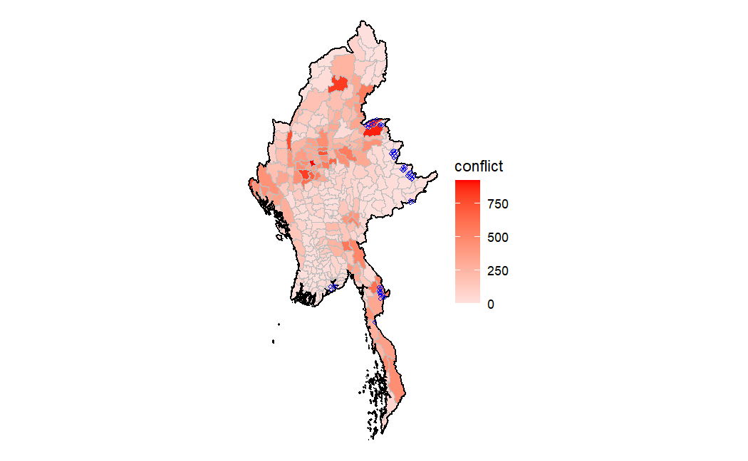 This photo is a map of the townships in Myanmar. Townships with a darker red have higher incidences of conflict. The blue dots represent the approximate locations of scam compounds. The blue dots do not seem to be concentrated in areas which are especially high or low in conflict.