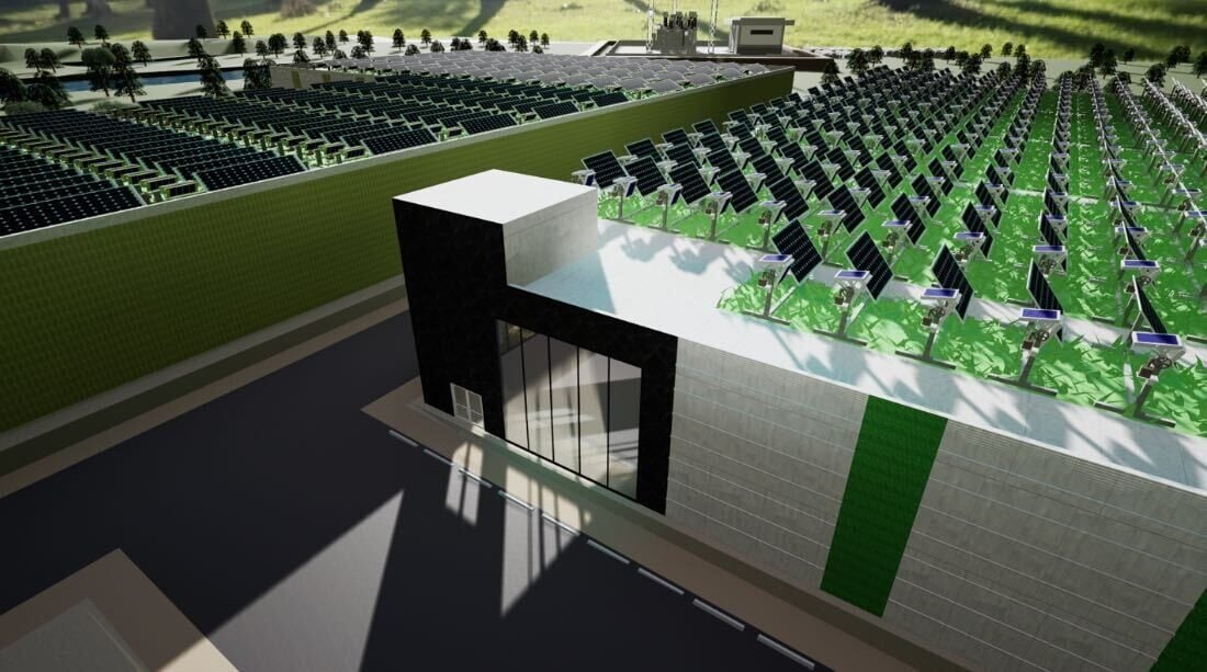 An illustration of a data center with solar panels on a green roof