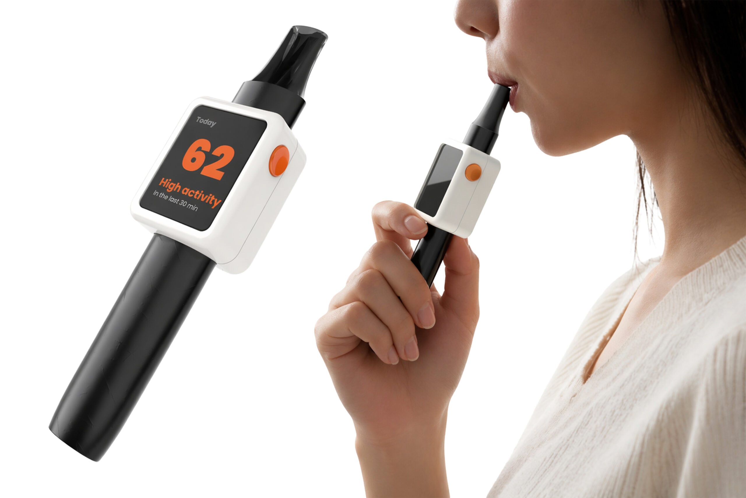 Rendered image of a compact white vape add-on device attached to a black vape pen, featuring a front display screen and side button for real-time usage feedback.