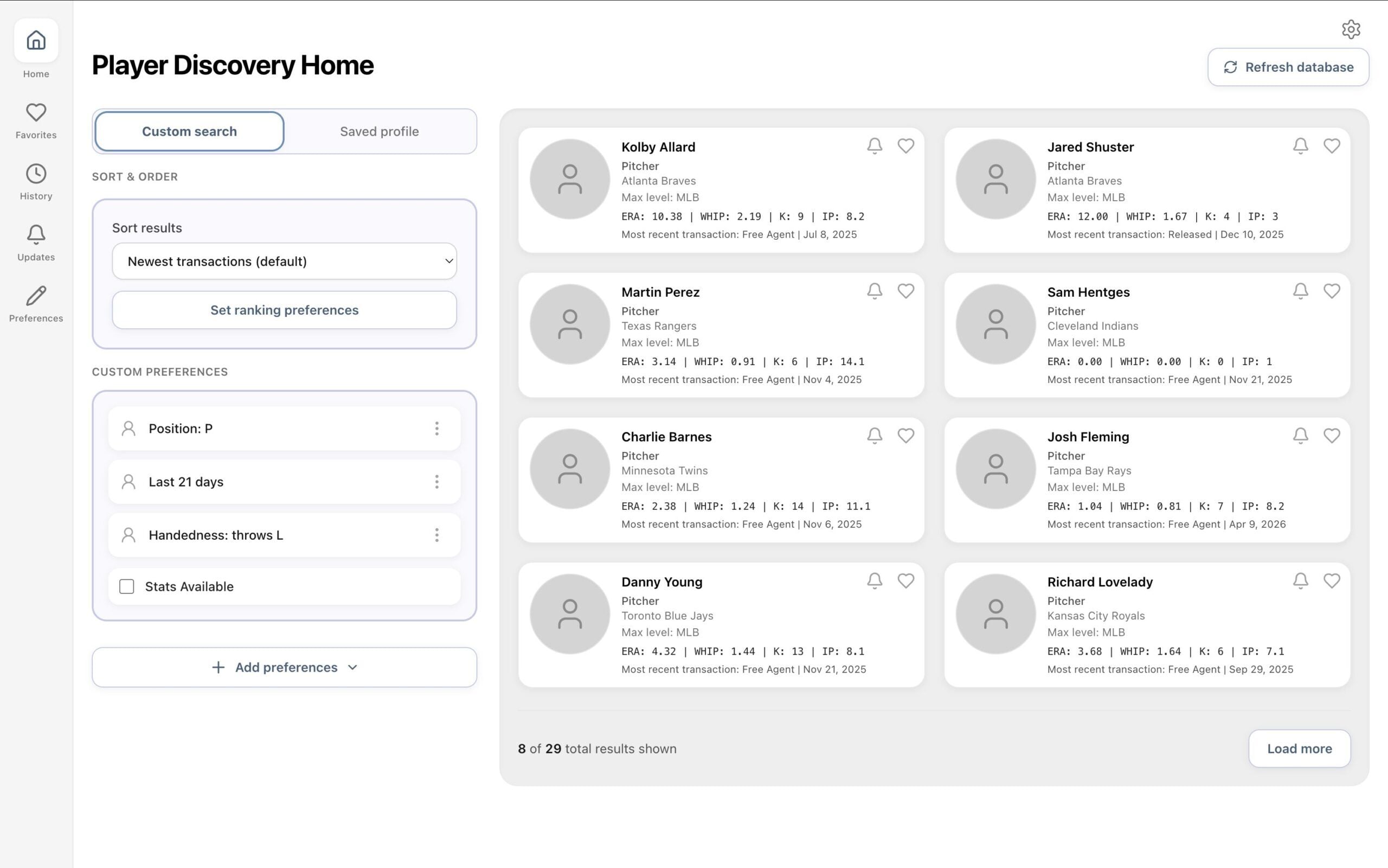 A screenshot of the Player Discovery Home Page, a widget integrated into the SLUGGER platform.