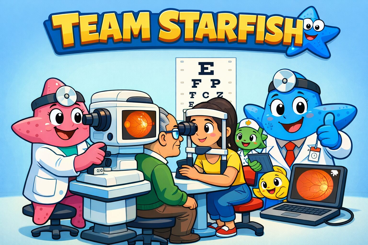 A cartoon illustration titled “TEAM STARFISH.” Starfish characters dressed as doctors take fundus images. One starfish operates an imaging machine with a patient, while a laptop in the foreground displays a retinal fundus photograph.
