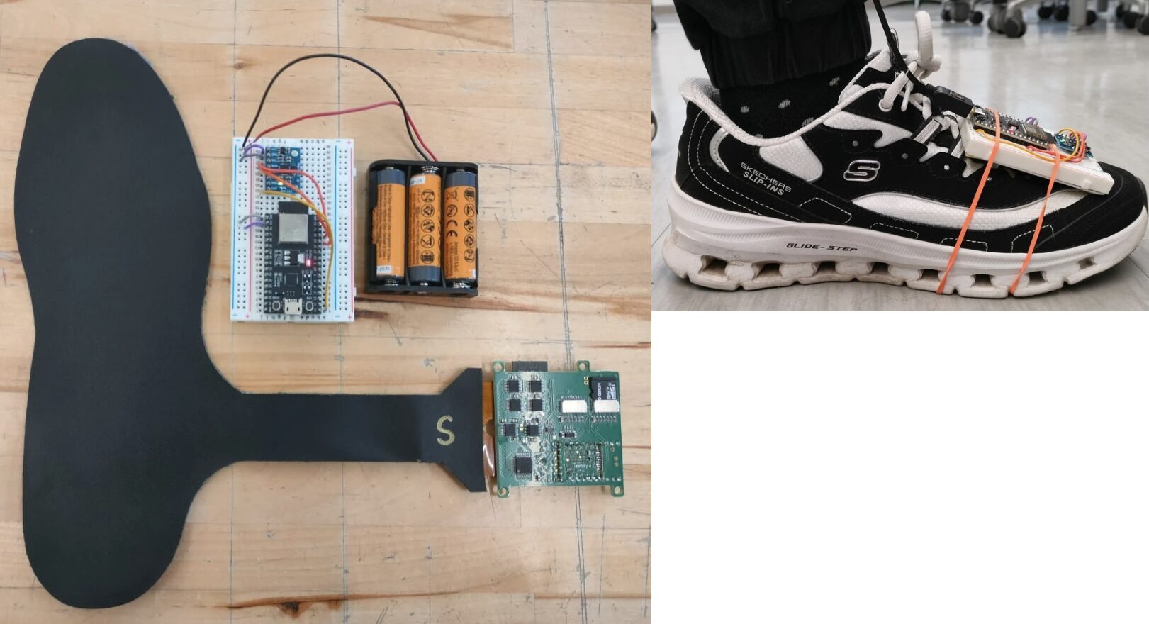 Current prototype of piezoresistive insole with IMU, with shoe-mounted configuration.