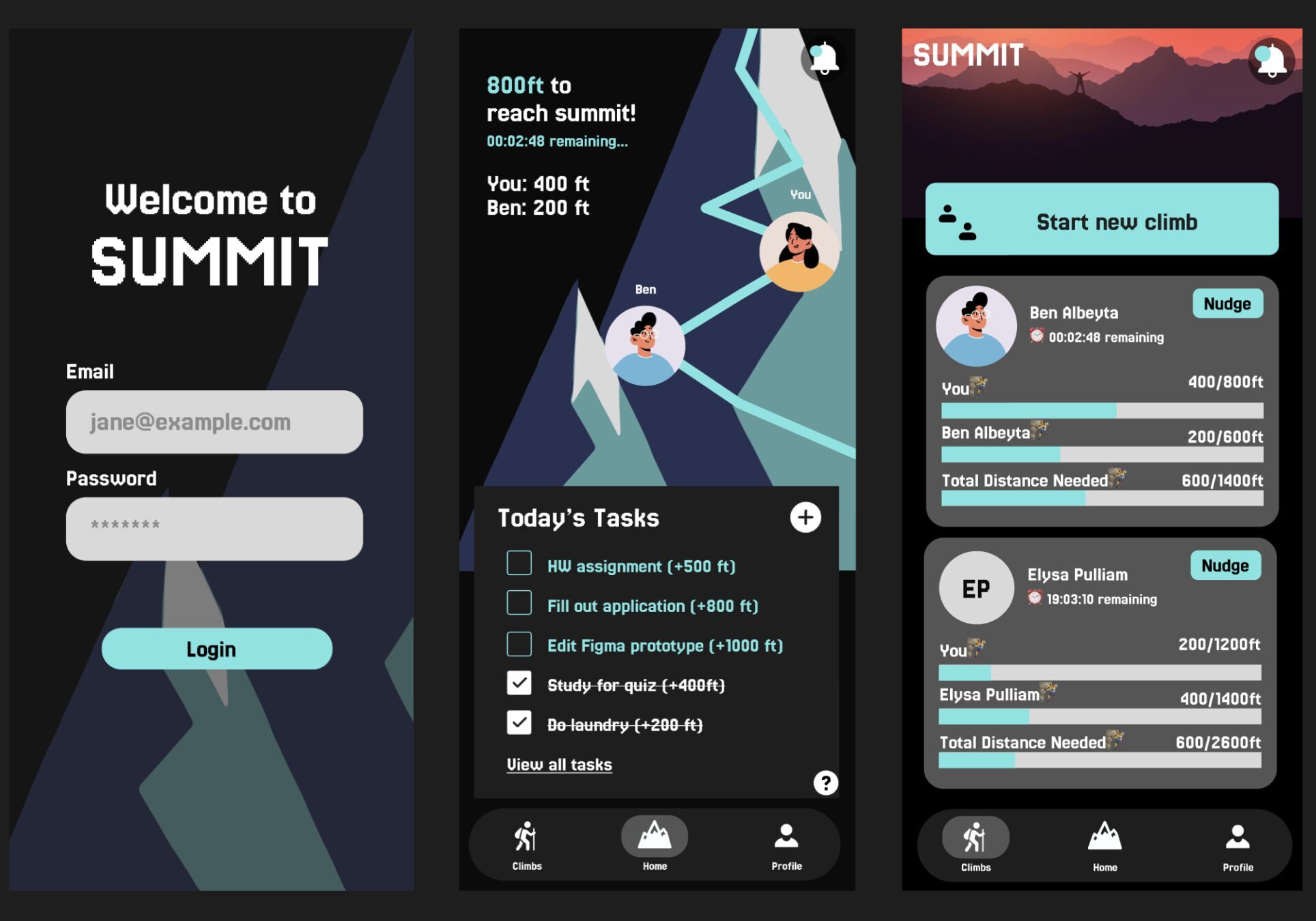 Three screens of Summit app interface, showing the login, home, and climbs screens