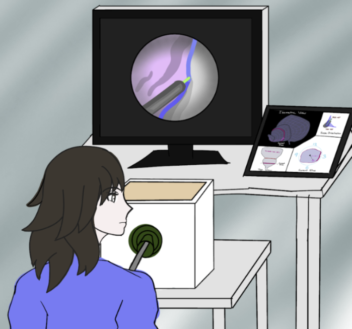 A woman uses a laparoscopic surgery simulator with a screen showing internal anatomy. A 3D organ model sits nearby. An inset highlights her tool handling. A performance dashboard displays metrics: score 85%, time 1:59:23, enucleated mass 67g, path length 760 cm, idle time 46%, and force violations 7.