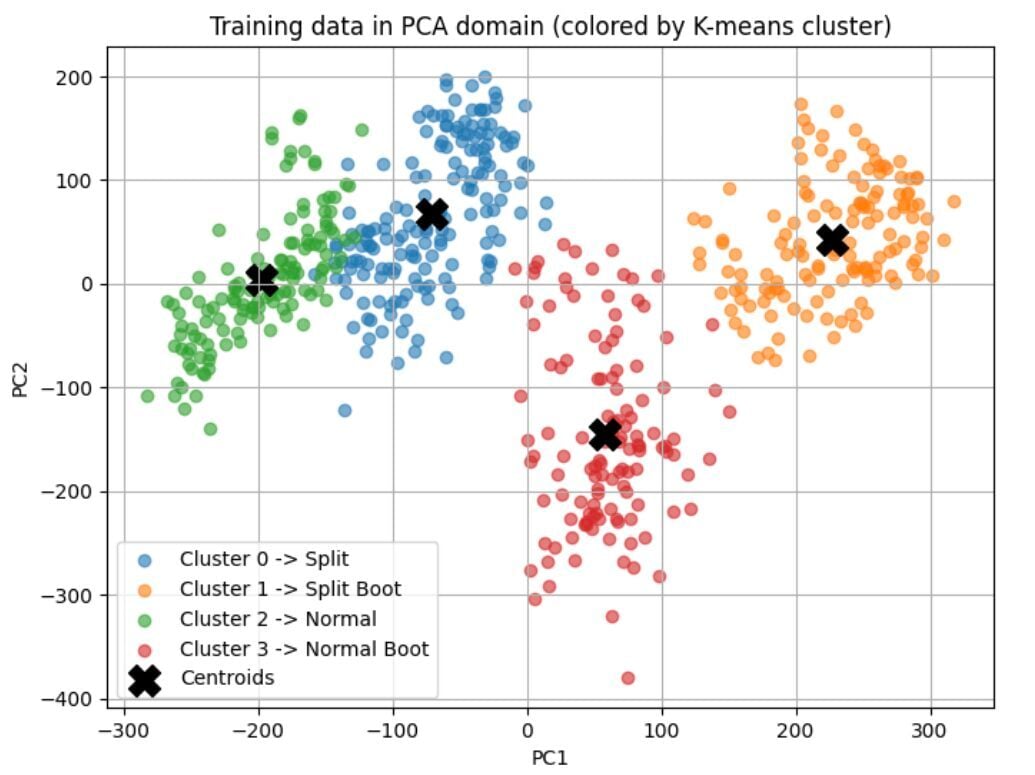Scatter plot of plantar pressure data projected into PCA space, showing distinct clusters corresponding to normal and asymmetric gait patterns identified using unsupervised learning.