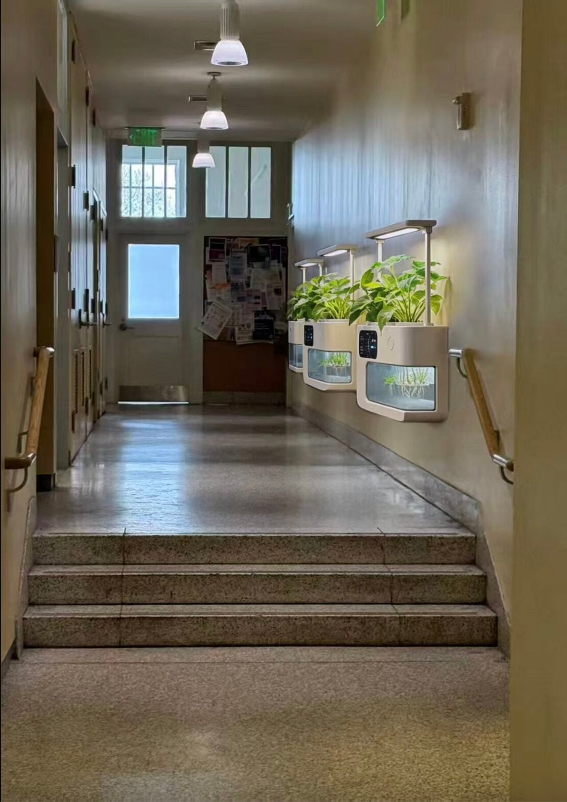 A rendered design of GreenModule, a wall-mounted indoor planting system with modular plant cartridges, a top LED grow light, and a bottom water reservoir. The system is designed for low-maintenance use in indoor spaces such as universities and offices.