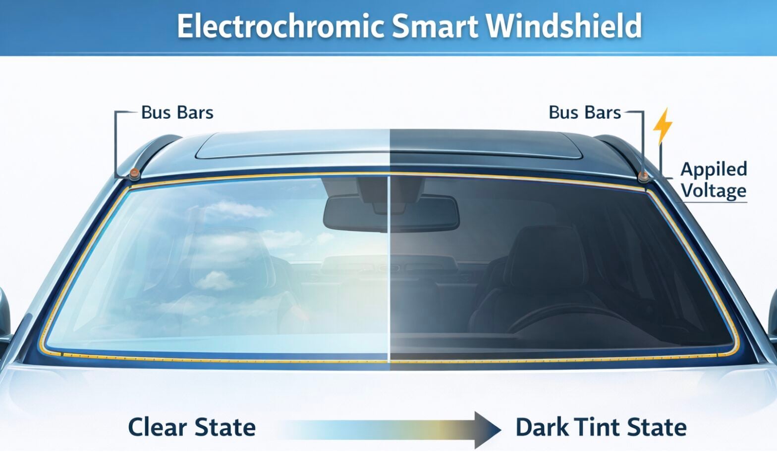 A windshield split in half showing the clear state and the dark tint state, with bus bars indicated where voltage will be applied.