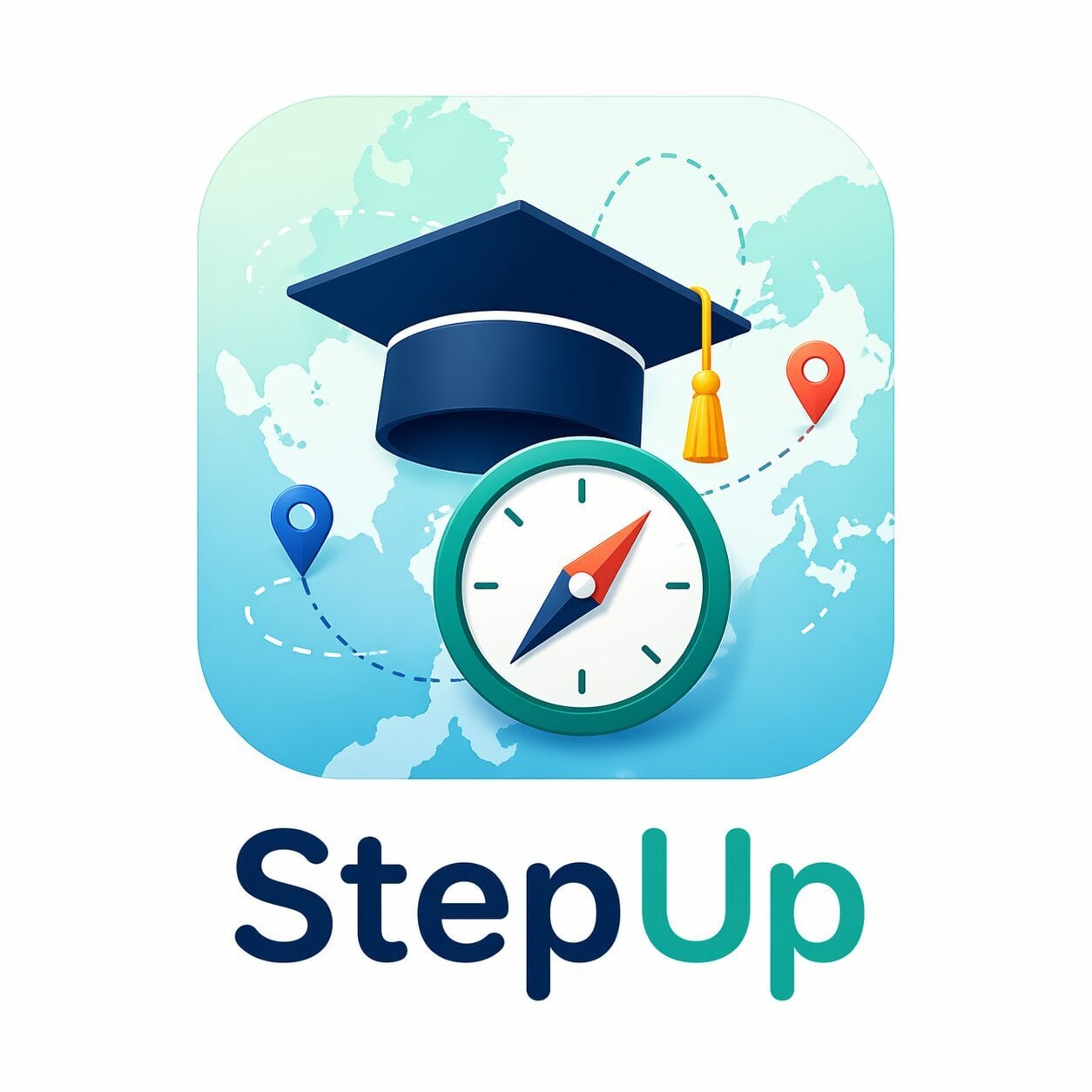 A professional project poster for 'StepUp,' featuring a minimalist logo of a blue geometric 'S' on a white background. The headline reads 'Global Transitions, Simplified,' followed by three key service pillars: Localized Resources, Peer-led Insights, and Logistical Guidance. The footer credits our group member, and prominently displays the Johns Hopkins University Whiting School of Engineering logo.