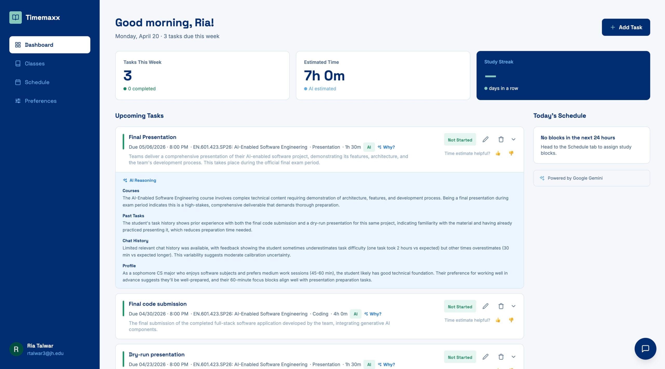 The Timemaxx dashboard shows the user's task list, with one task expanded to show the estimated time with reasoning divided by courses, tasks, chat, and profile