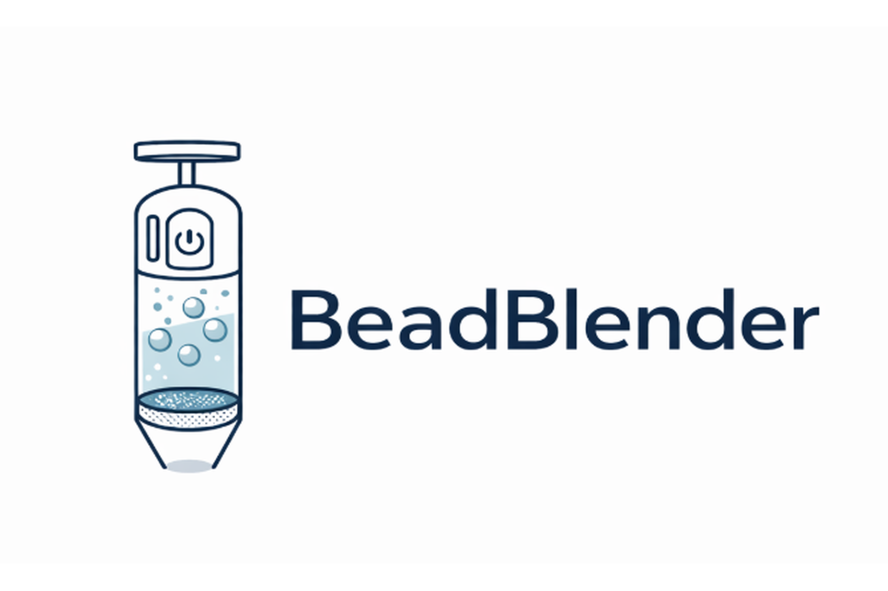 A logo for “BeadBlender” showing a handheld “bead-mill” food homogenizer with a cylindrical chamber containing beads and liquid, and a multi-layer mesh filter at the base.