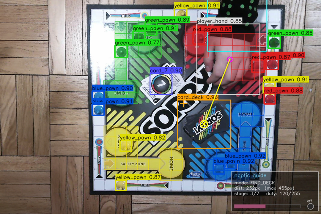 Overhead view of a Sorry! board game with bounding boxes labeling detected pieces: red, blue, green, and yellow pawns; a 