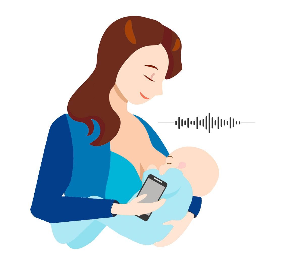 The image shows a cartoon mother using the LactaLearn app to monitor her breastfeeding session. The phone is positioned near the baby’s throat to capture swallowing sounds.