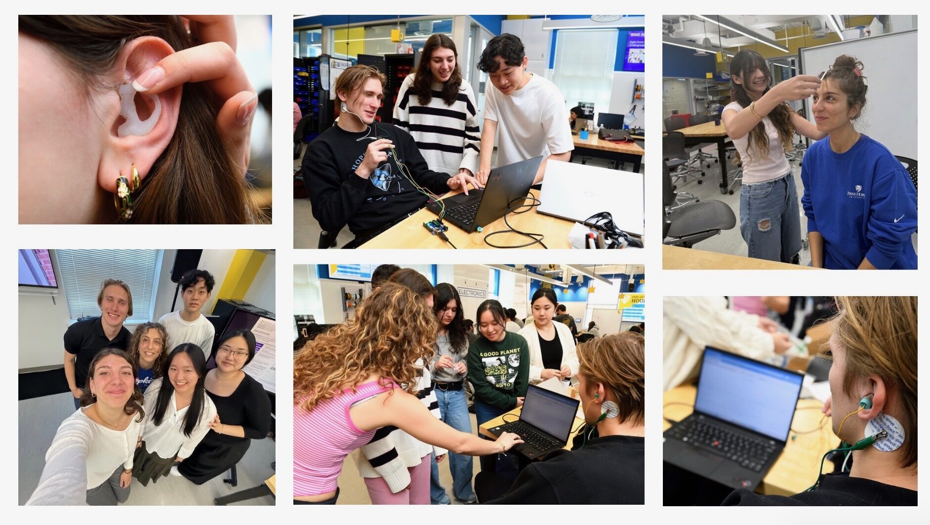 Collage of photos showing the team brainstorming, prototyping, testing, and collaborating during device development and work.