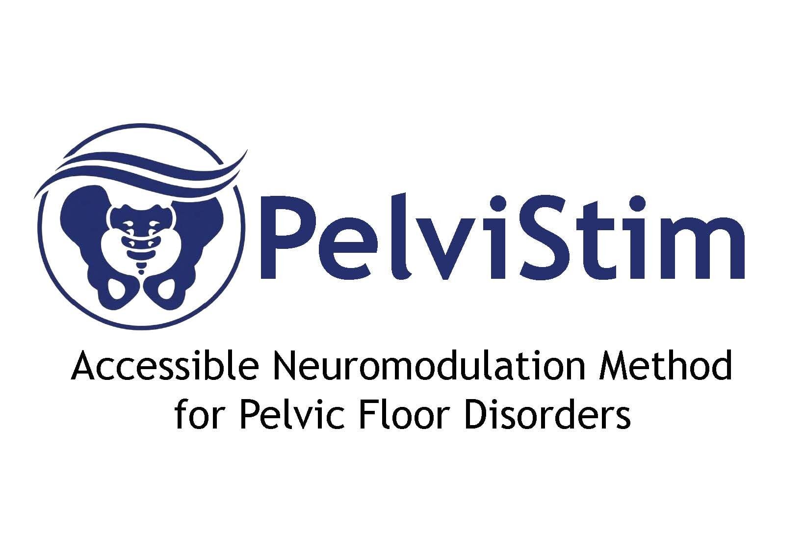 PelviStim logo: a dark blue stylized pelvis outline inside a circle with a curved wave arcing over the top, next to the wordmark 