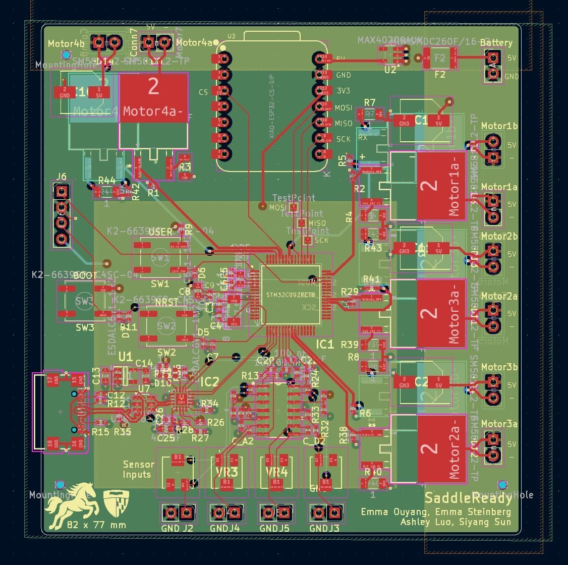 SaddleReady PCB layout showing motor control and sensor interface circuitry. The board integrates an STM32C092RCT6 microcontroller for pressure sensor processing and PWM motor control, and a Seeed Studio XIAO ESP32-C5 module for Bluetooth Low Energy data transmission. 
