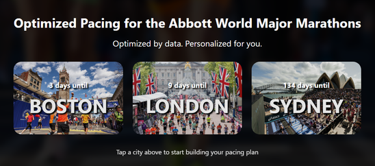 Screenshot of the Optimized Marathon Pacing web app showing three marathon cards for Boston, London, and Sydney with countdown timers and the tagline 'Optimized by data. Personalized for you.