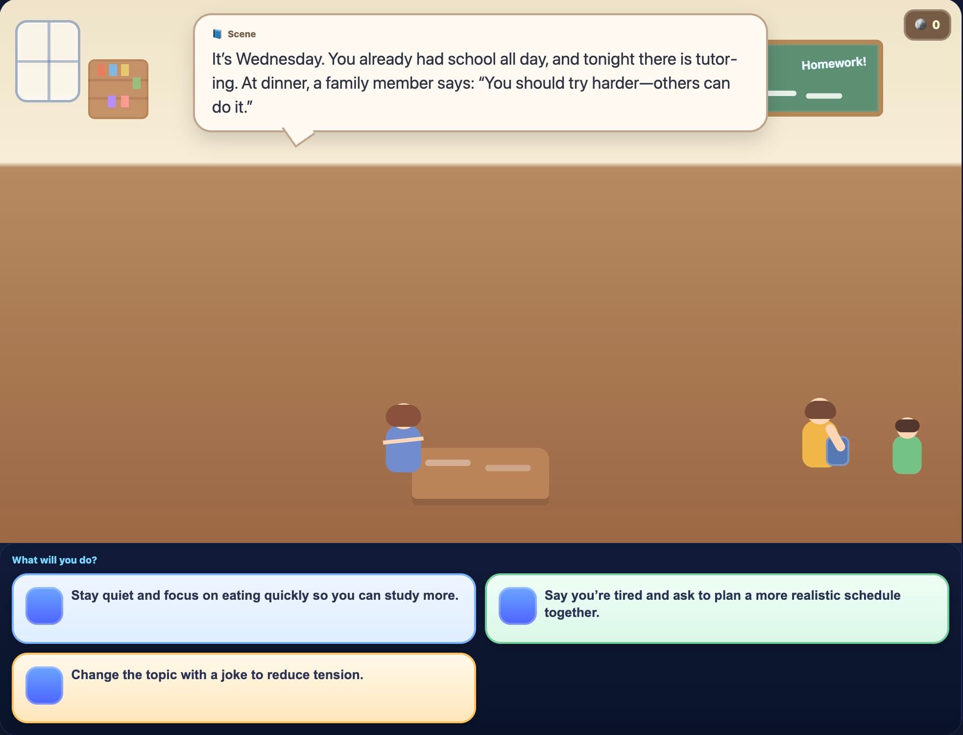 A game-like interface showing a school-life scenario with multiple choice options, where a student responds to a family pressure situation.