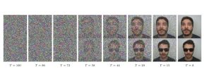 sequence of images that begin with points of color and the process of improving their resolution until they depict a human head