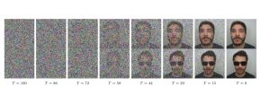 sequence of images that begin with points of color and the process of improving their resolution until they depict a human head