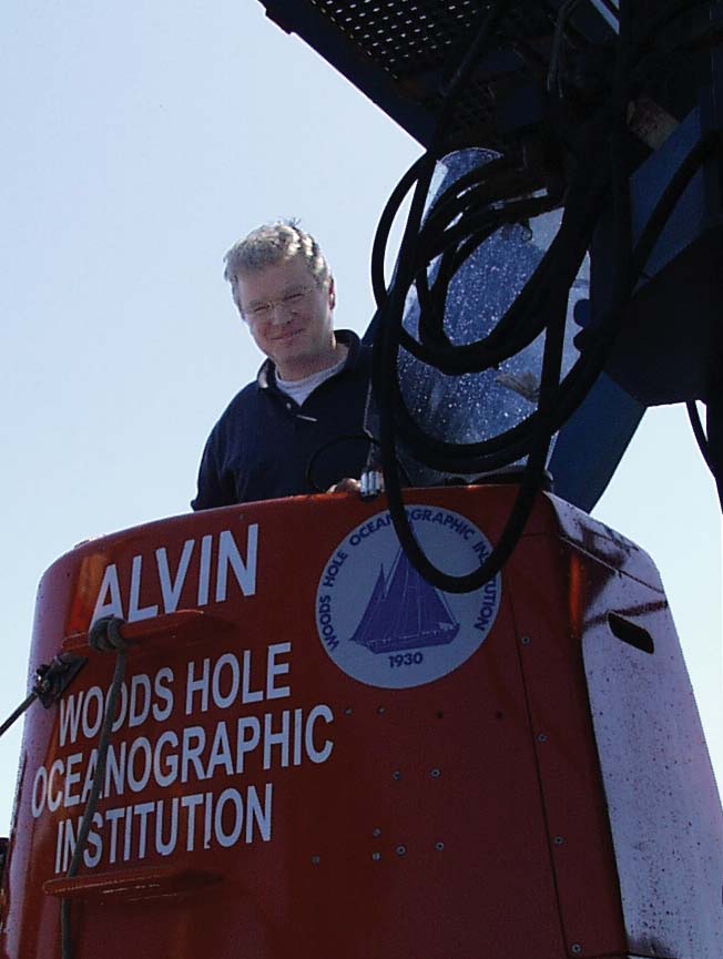 Louis L. Whitcomb surfaces from the deep submergence vehicle, Alvin, for which he and his doctoral student, James C. Kinsey, developed the navigation program. Whitcomb will be taking part in a $5 million project to develop a hybrid remotely operated vehicle to explore oceans to a depth of 11,000 meters.