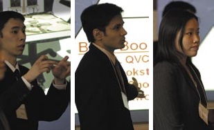 Taking third place in the annual Business Plan Competition on campus last April prompted three Biomedical Engineering seniors to try their luck internationally. Presenting their plan for IPAC (Interactive Posture Analyzing Cushion) are (from left) Elbert Hu, Bhuvan Srinivasan, and Yen Shi Gillian Hoe. In Singapore, they had to hustle when their business modeling software locked up.